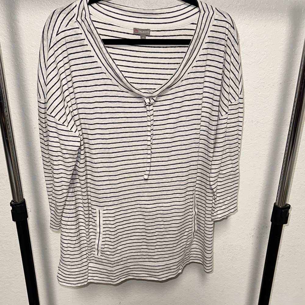 Women's Black and White Striped Shirt with drawstring